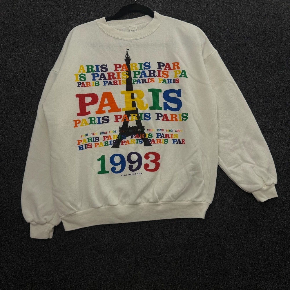 Vintage Alma Mater Paris 1993 Sweatshirt White Eiffel Tower Made In France L
